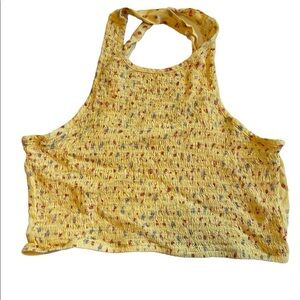 Cropped yellow floral ruched summer blouse sz L